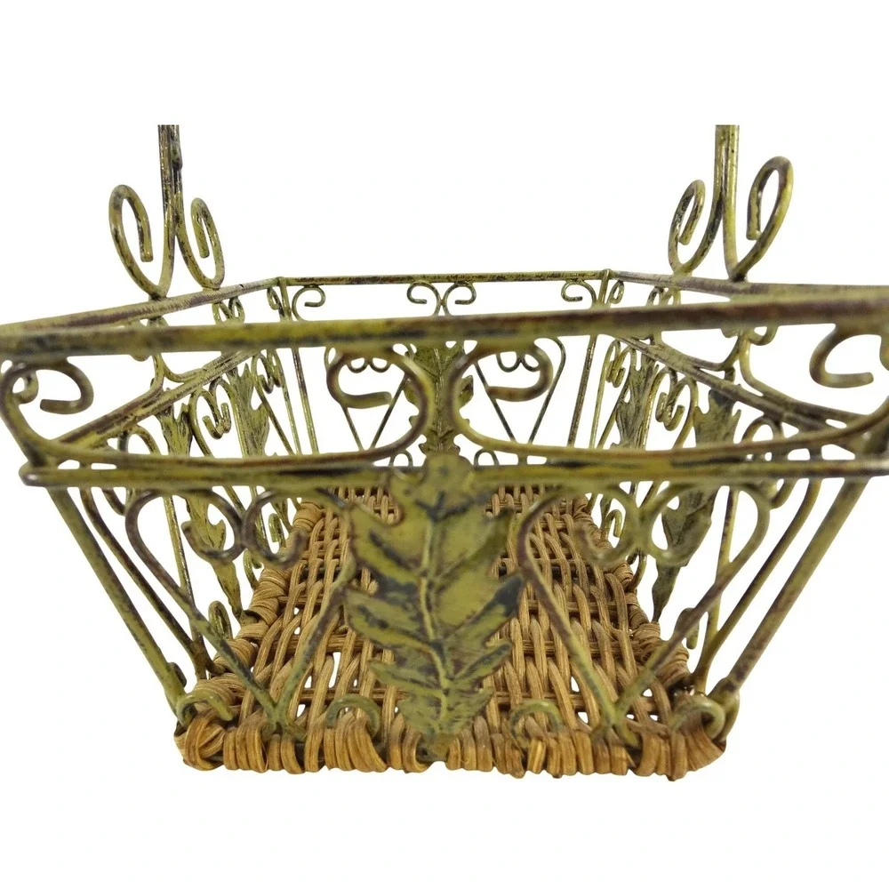 Vintage Style Green Metal Wire Basket‎ with Woven Wicker Base Leaf Scroll